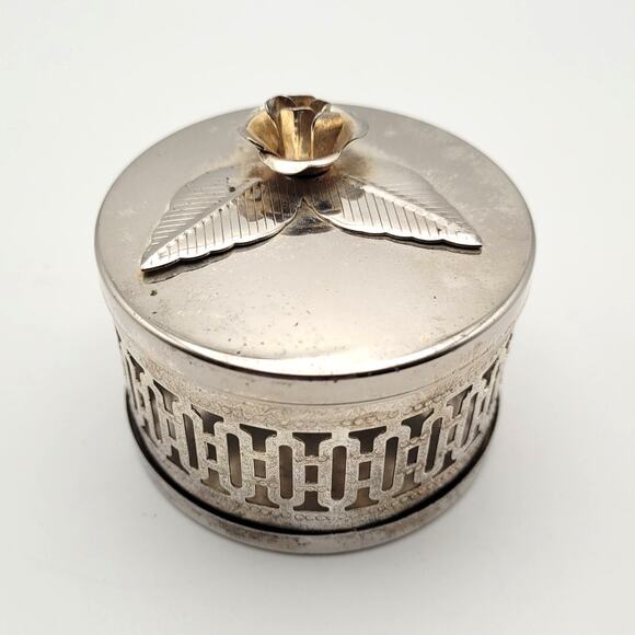Vintage Silver-Tone Floral Finial Trinket Box Cutout Round Jewelry Vanity 80's - Picture 1 of 6